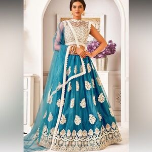 Sequins Embroidered Net Sea Blue Lehenga